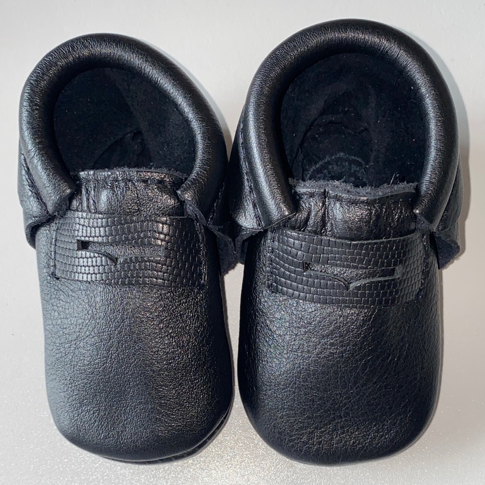 Freshly Picked Midnight Black Baby Leather Penny Loafers. Size 2